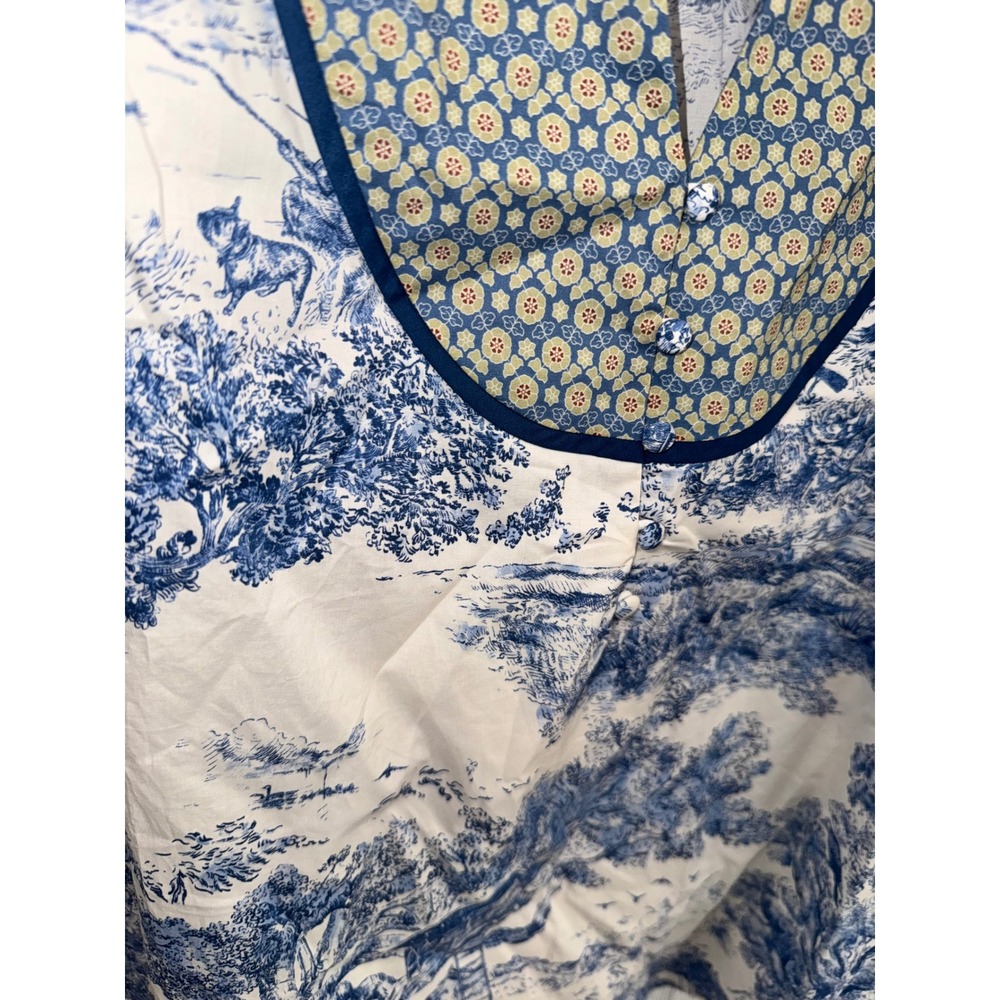 Entro Blouse Women Blue White Toile de Jouy Ruffle Bib Puff Sleeve Small NWT - Picture 3 of 5